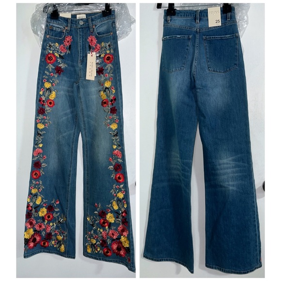 Alice + Olivia Gorgeous Floral Embroidered Wide Leg Jeans - Picture 10 of 17